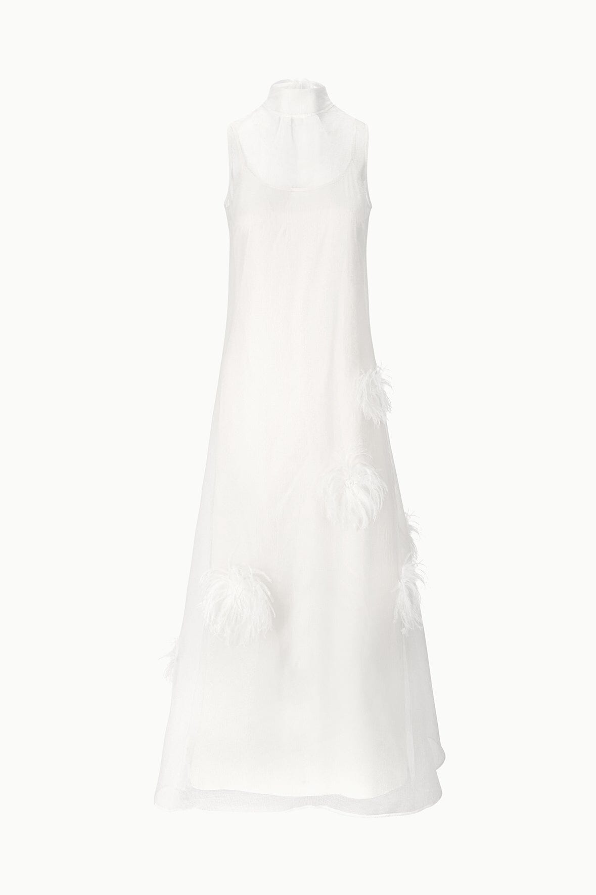 White sleeveless maxi dress on mannequin with feather-trim accents at sides