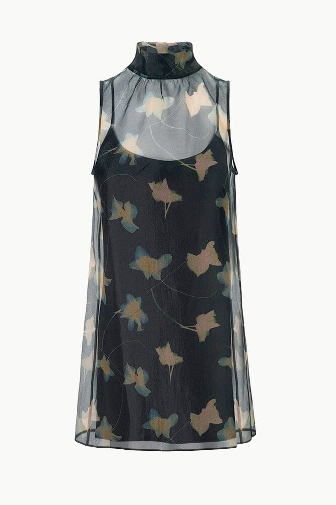 Black botanical shadow mini dress with sleeveless high neck and multicolor bird print