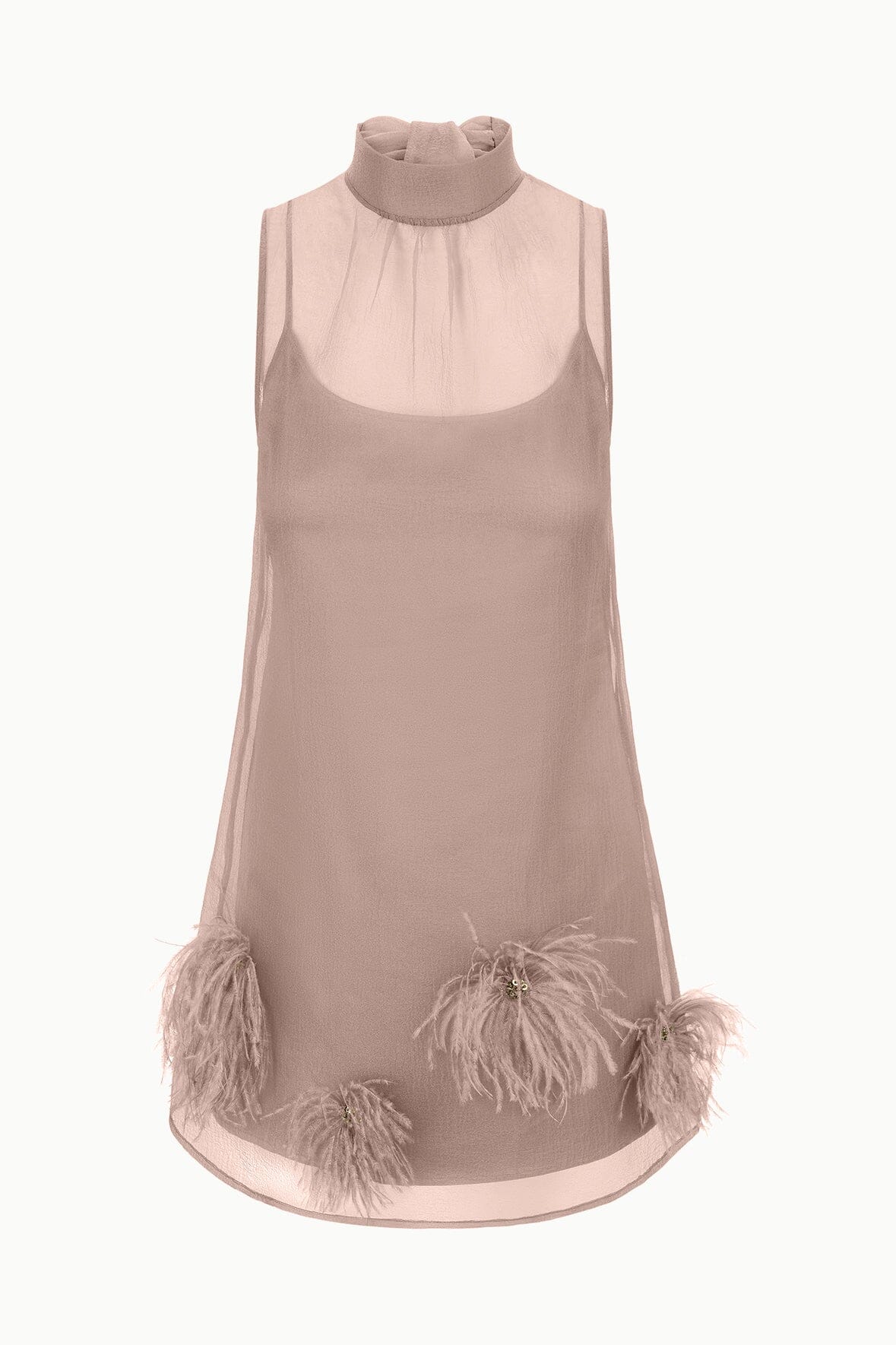 Taupe sleeveless mini dress with high neck and feather-trimmed hem