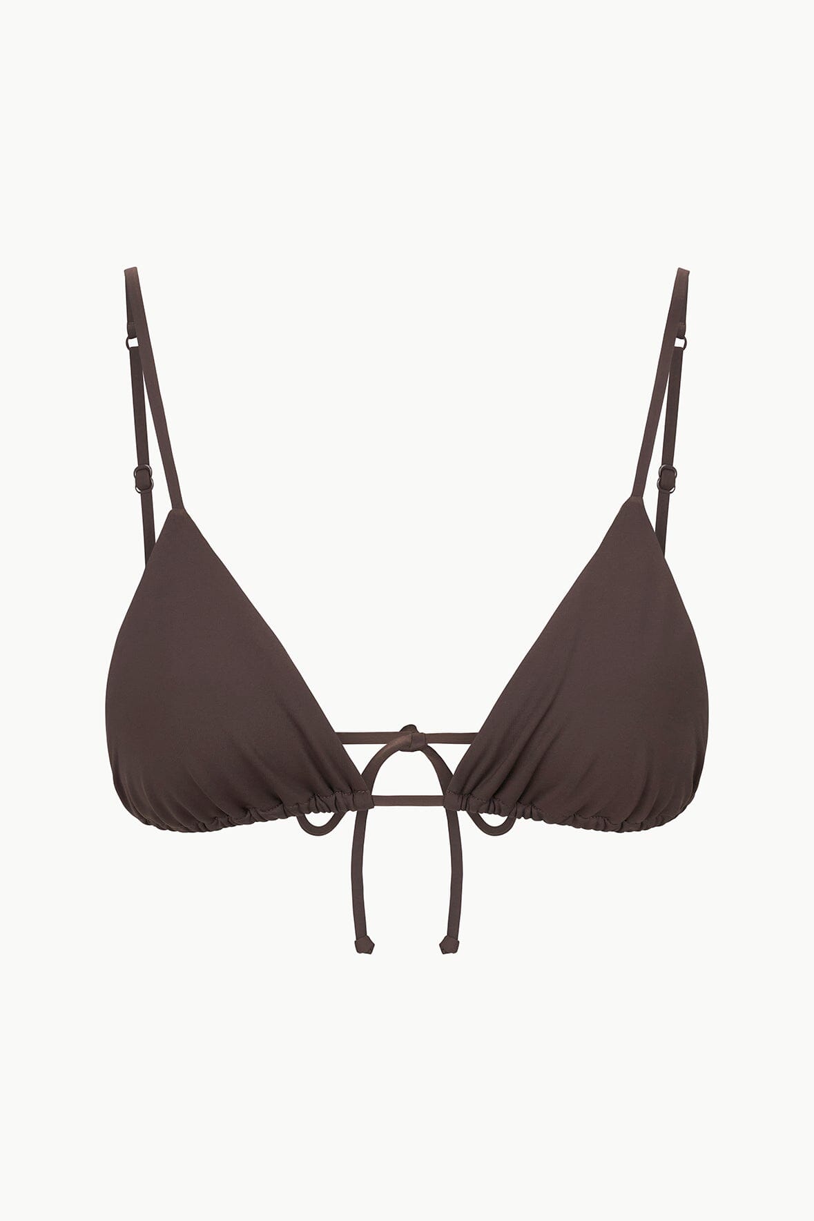 Dark chocolate triangle bikini top with adjustable tie straps and center tie detail