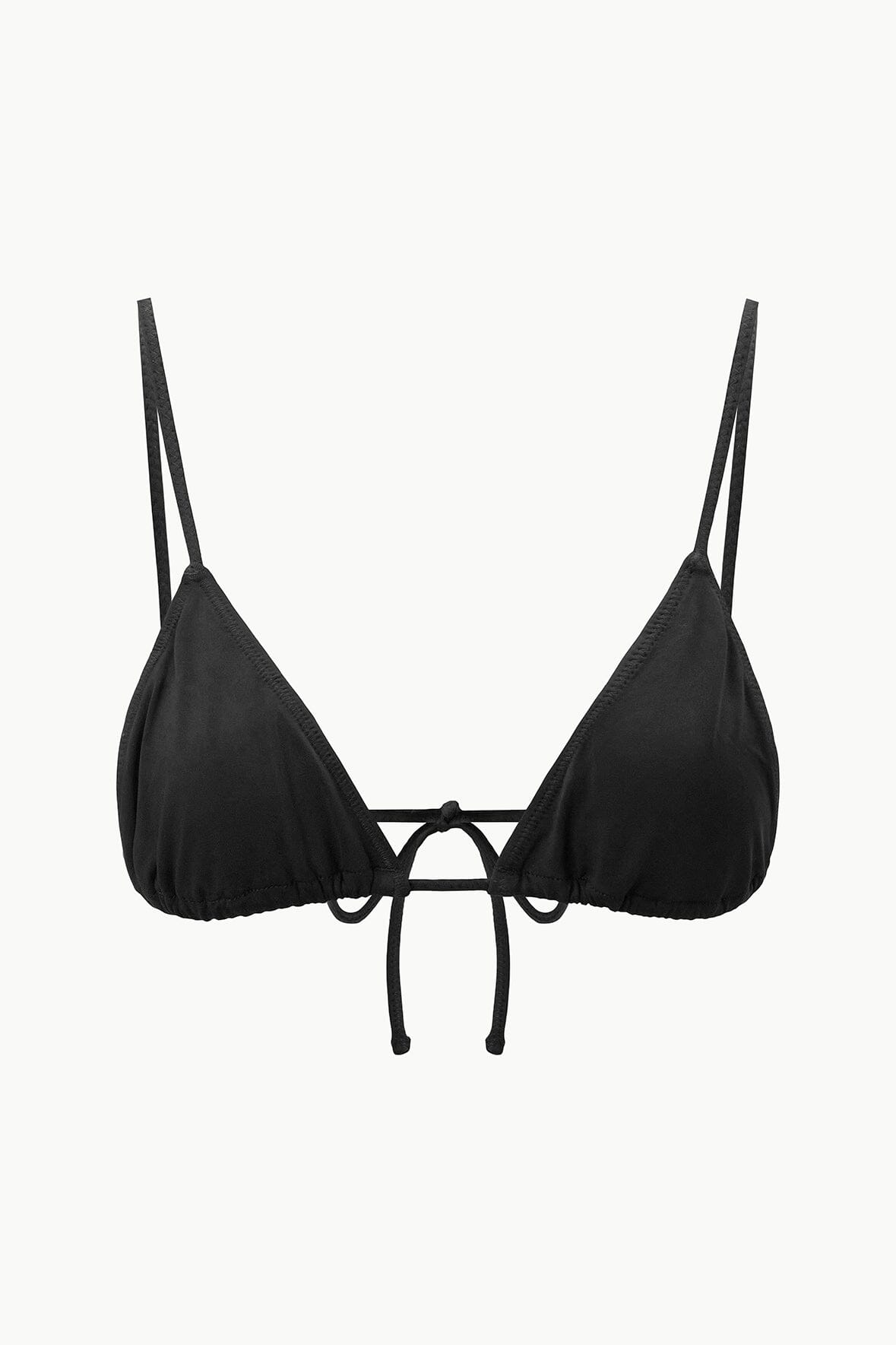 Black triangle bikini top with tie-back straps and underbust drawstring