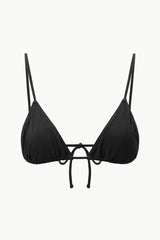 Black triangle bikini top with tie-back straps and underbust drawstring