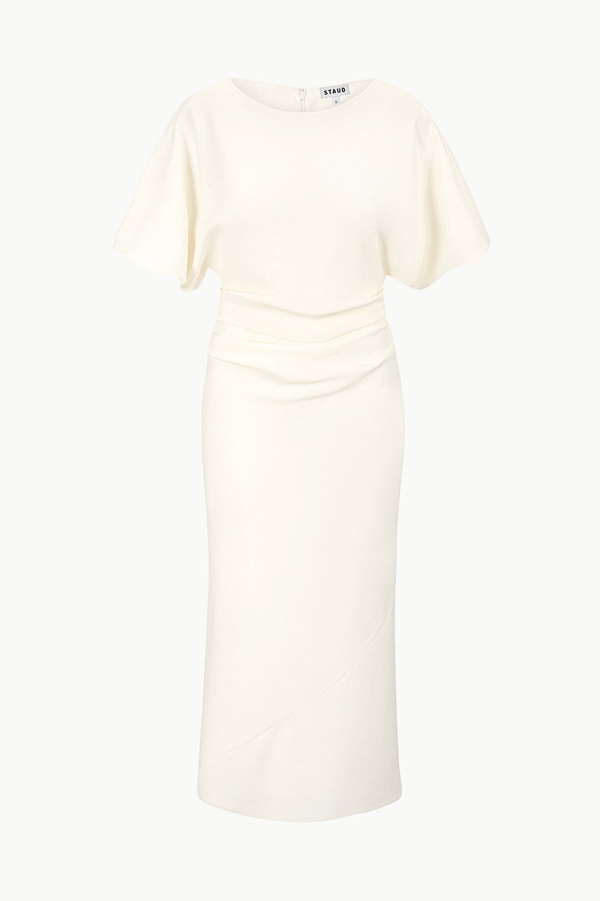 Ivory sleeveless midi dress with crew neckline and ruched waist drape