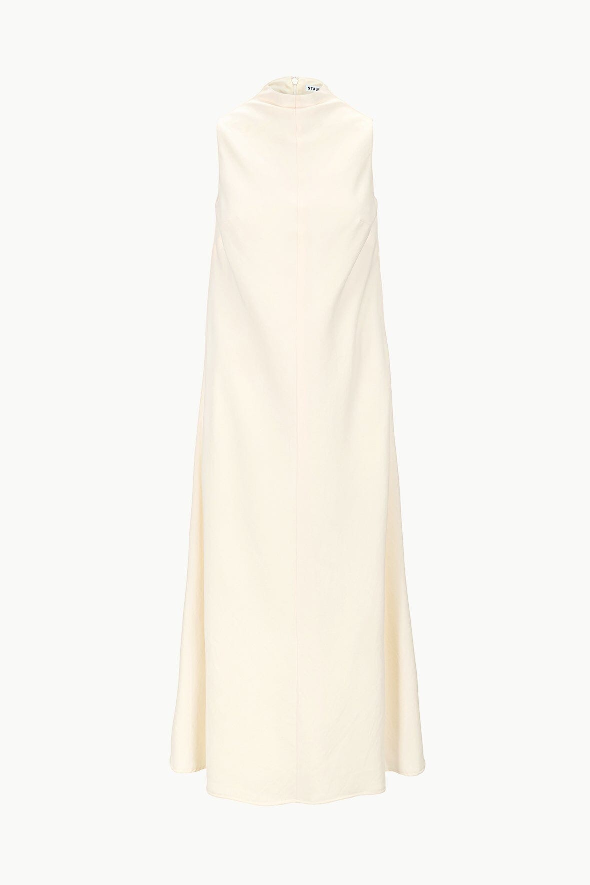 Ivory sleeveless turtleneck midi dress, straight silhouette