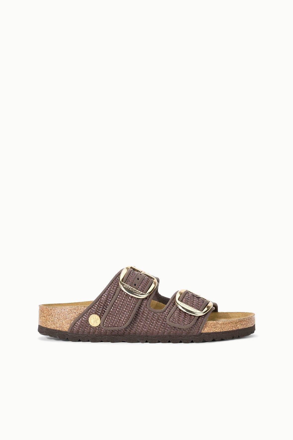BIRKENSTOCK Arizona slide sandals, dark raffia upper with large metal buckle