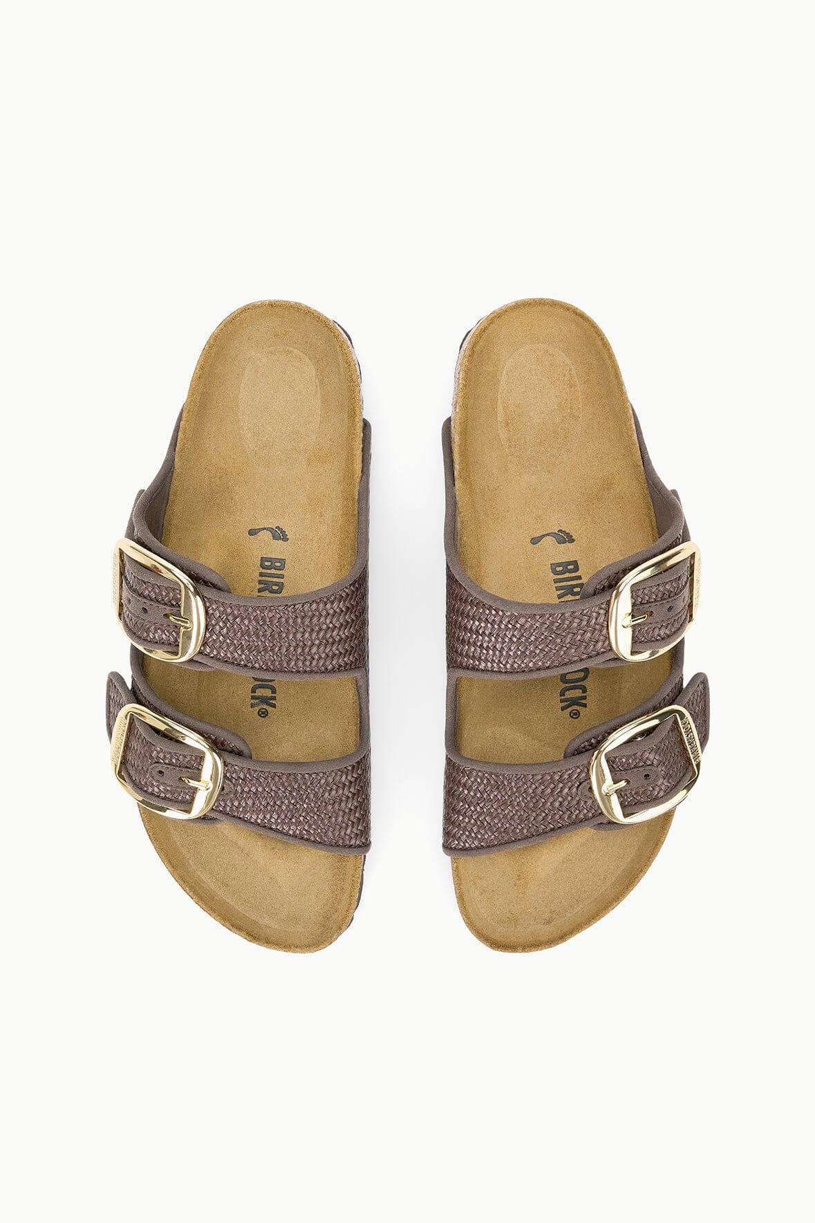 BIRKENSTOCK Arizona slide sandals, top view of two straps with metal buckles