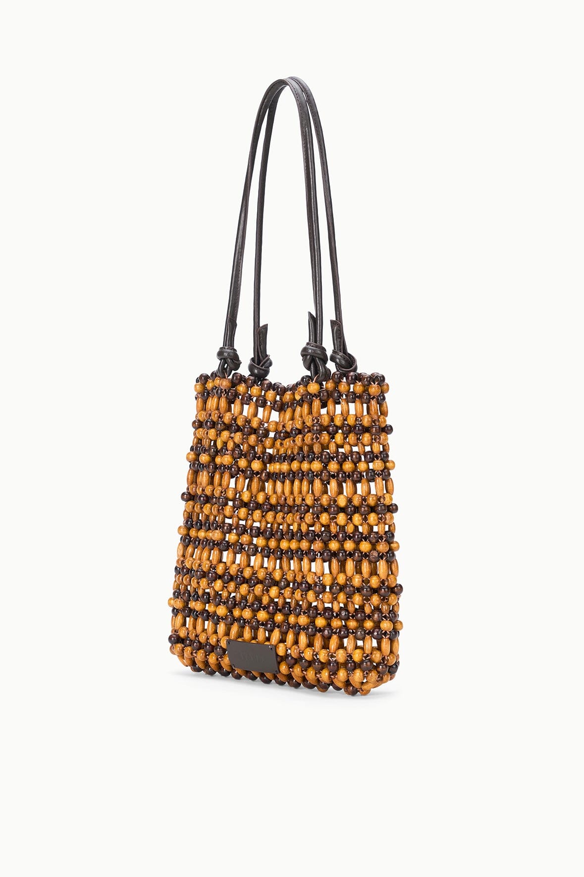 Multi wood beaded mini tote with vertical beaded pattern and top handles