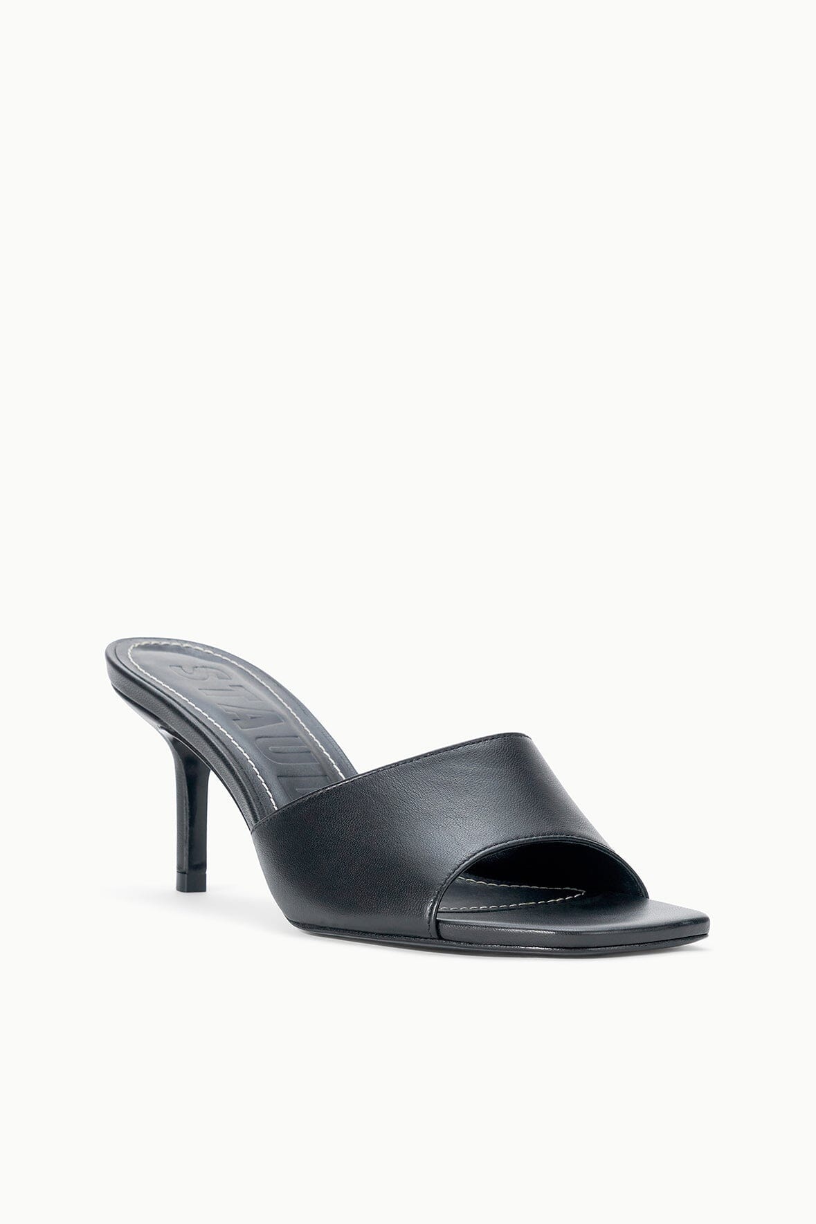 Black leather slide mule with open toe and stiletto heel