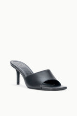 Black leather slide mule with open toe and stiletto heel