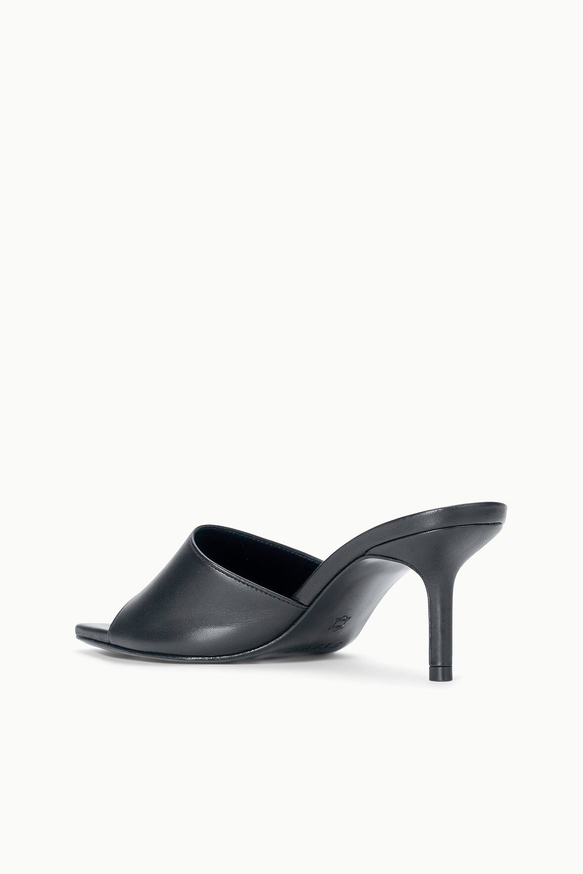 Black leather slingback-style mule with open toe and stiletto heel