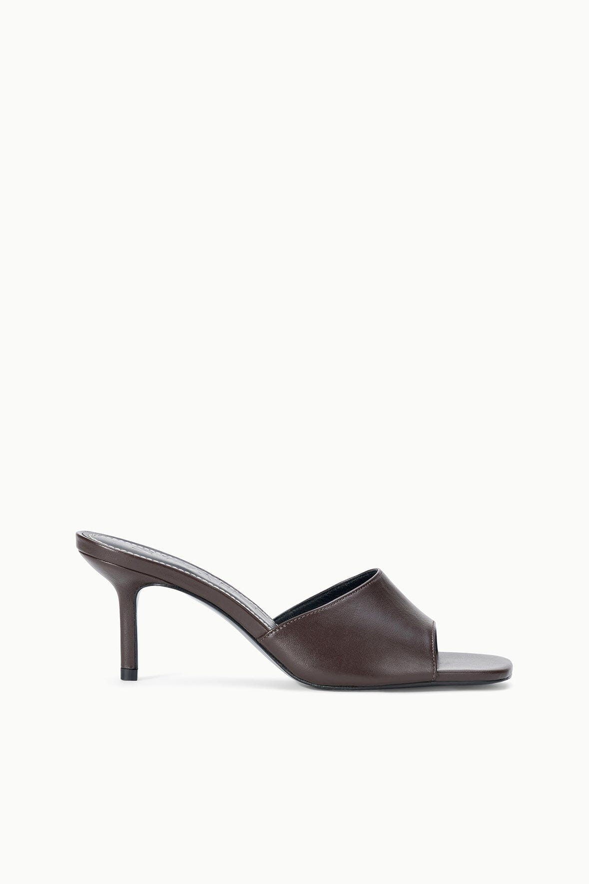 Espresso-brown leather mule with open toe and slim block heel