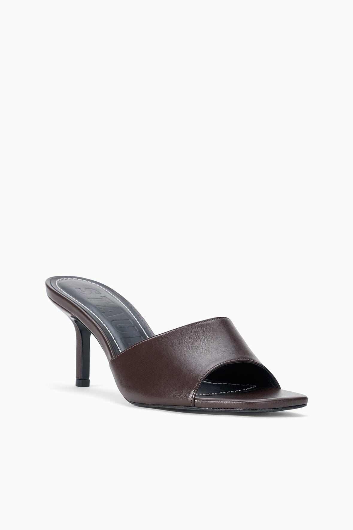 Espresso-brown leather mule slide with open toe and block heel, side view