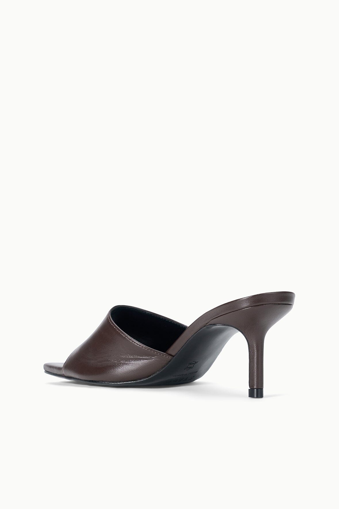 Espresso-brown leather mule with open toe and backless design, side view