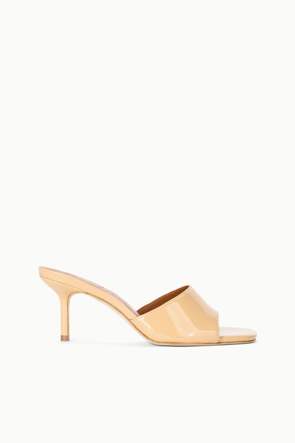 BEA mule in tan patent leather, open-toe slide with slim stiletto heel