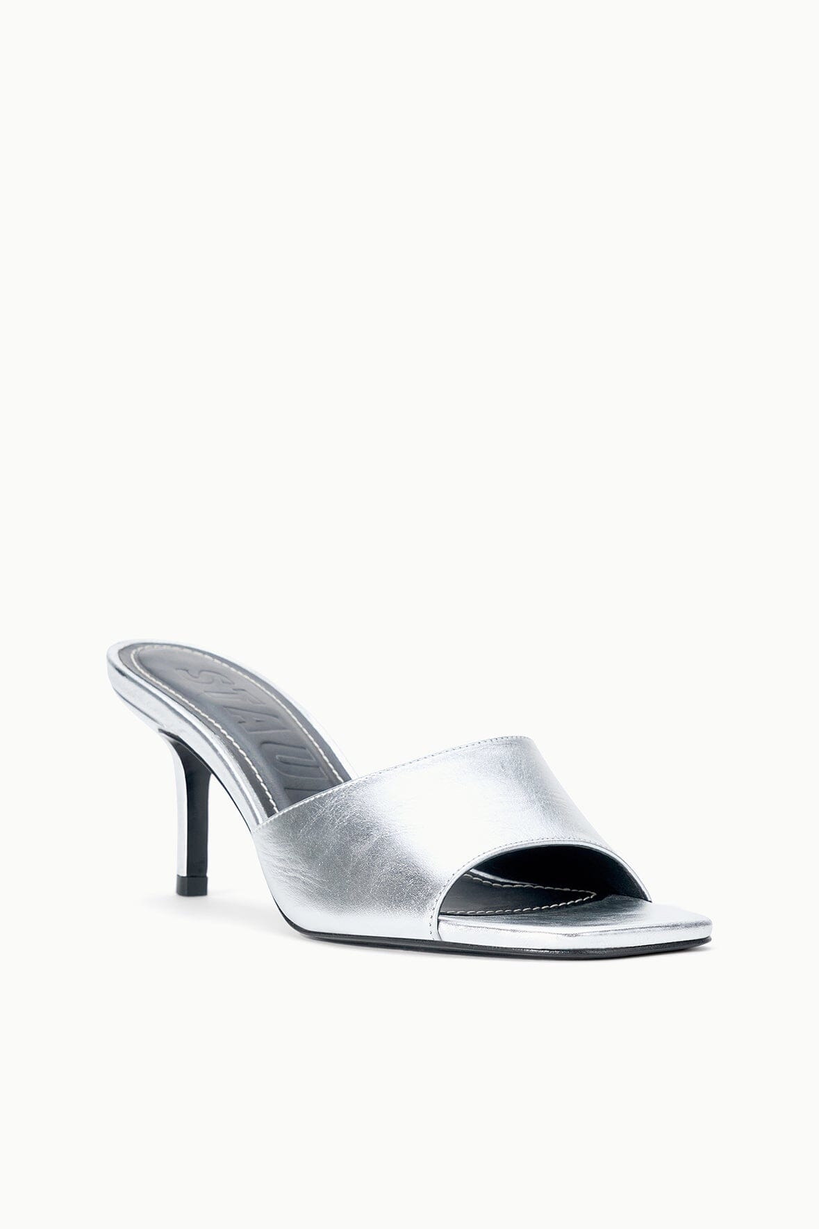 Silver leather mule sandal with open toe and stiletto heel