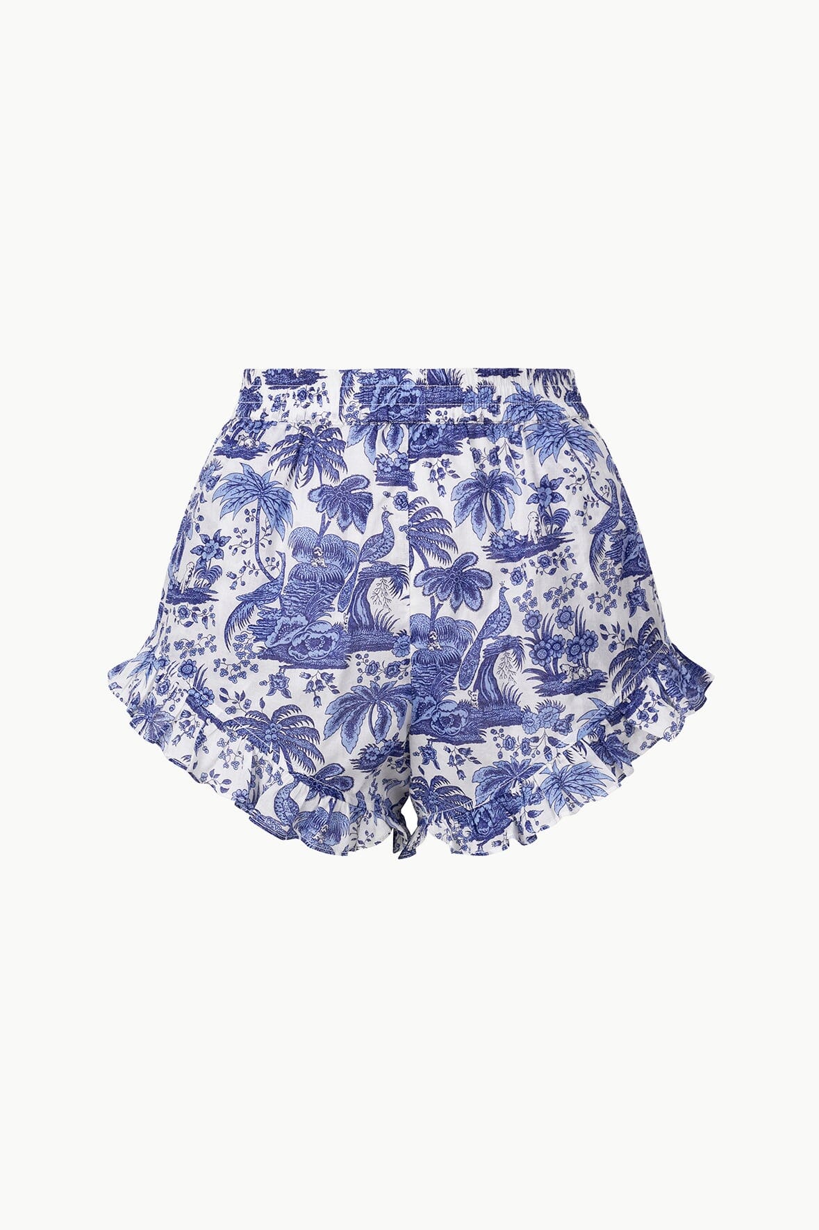 Blue and white toile shorts with elastic waist and ruffled hem