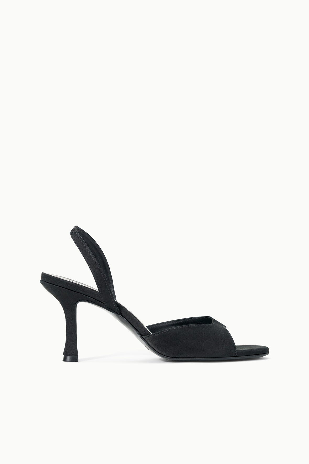 Black satin slingback heeled sandal with open toe and thin heel