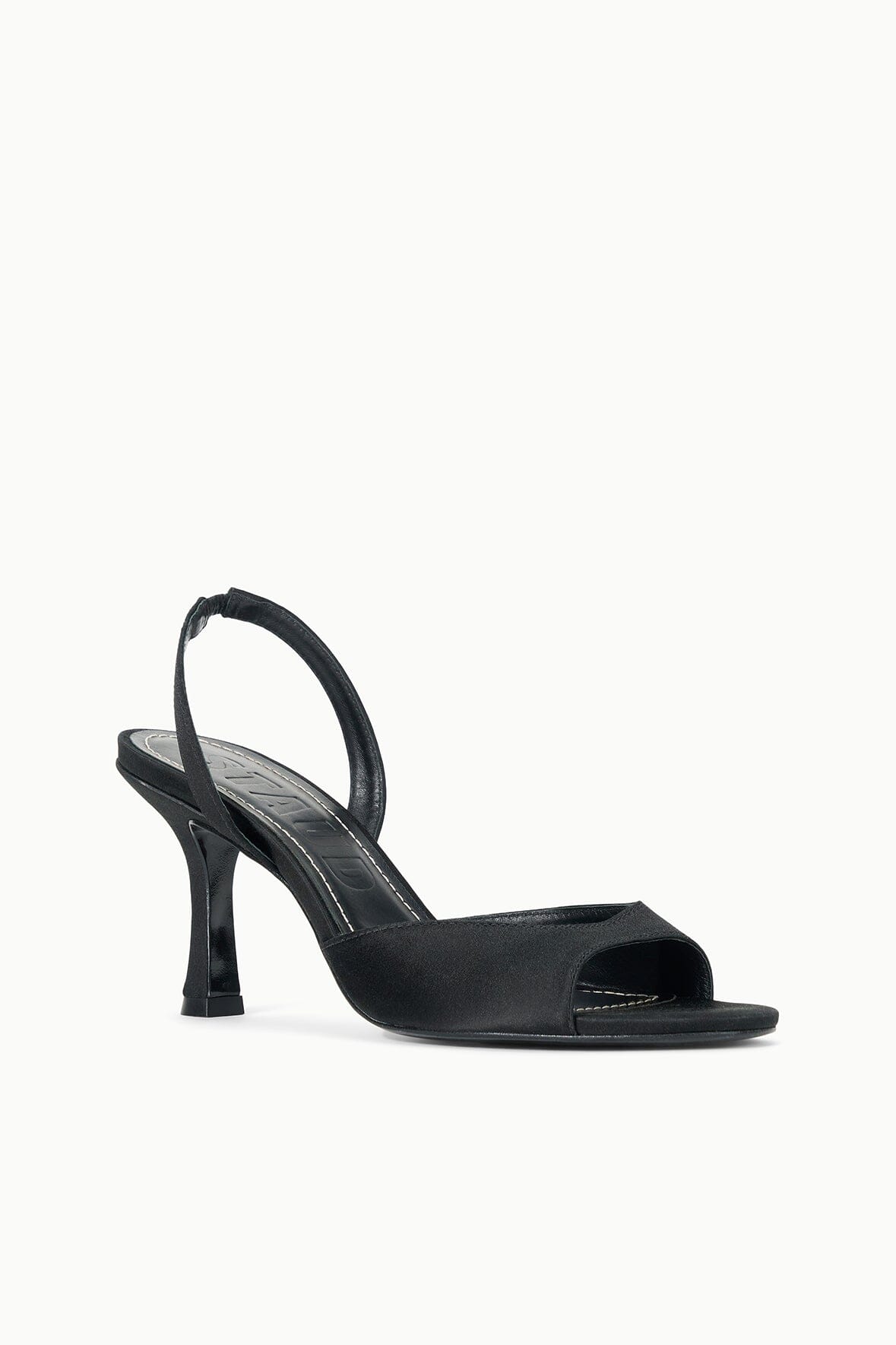Black satin slingback heeled sandal with open toe and sculpted mid heel