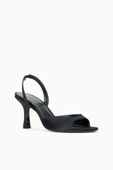 Black satin slingback heeled sandal with open toe and sculpted mid heel
