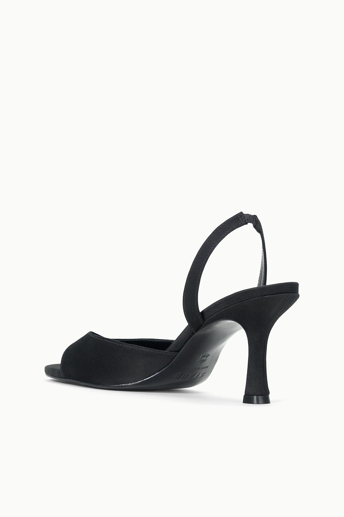 Black satin heeled sandal with slingback strap and open toe