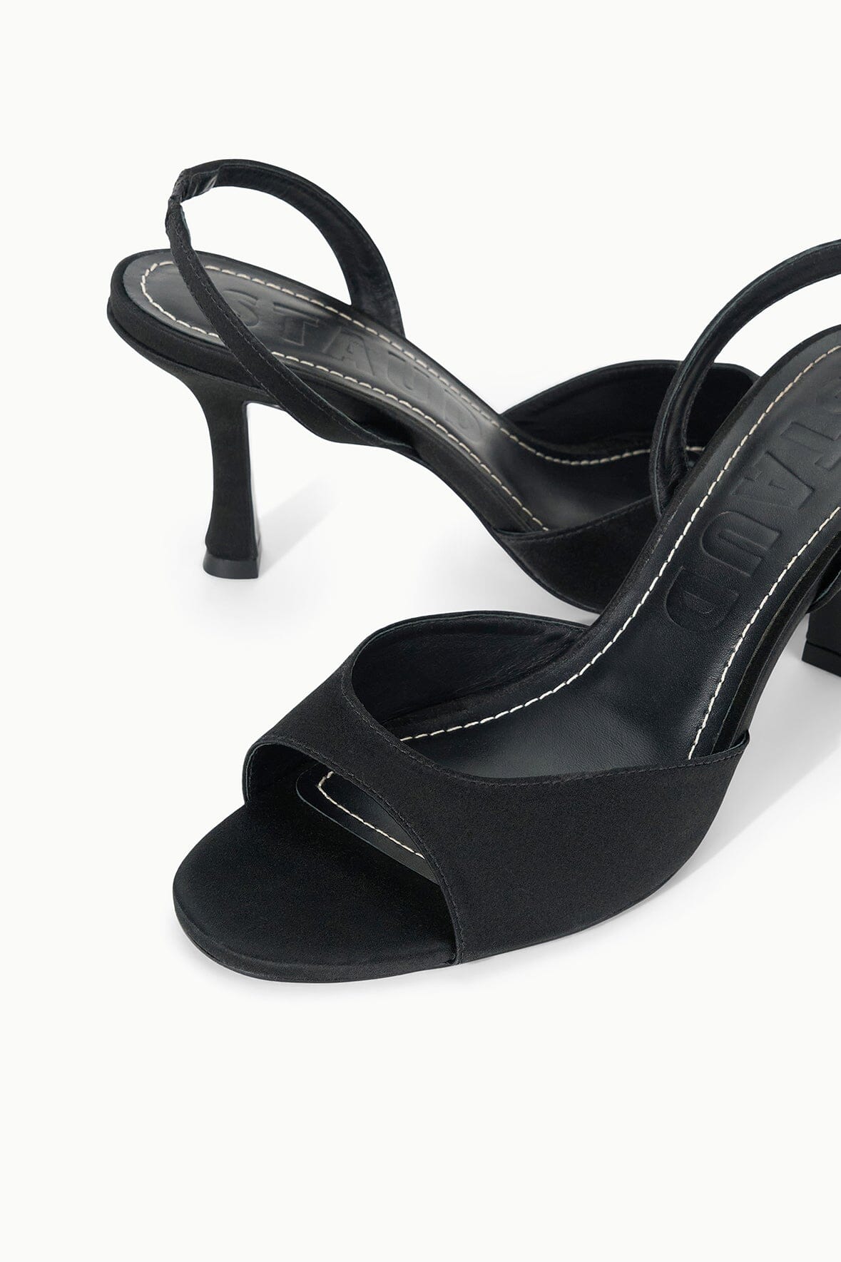 Black satin heeled open-toe sandal with slingback strap detail