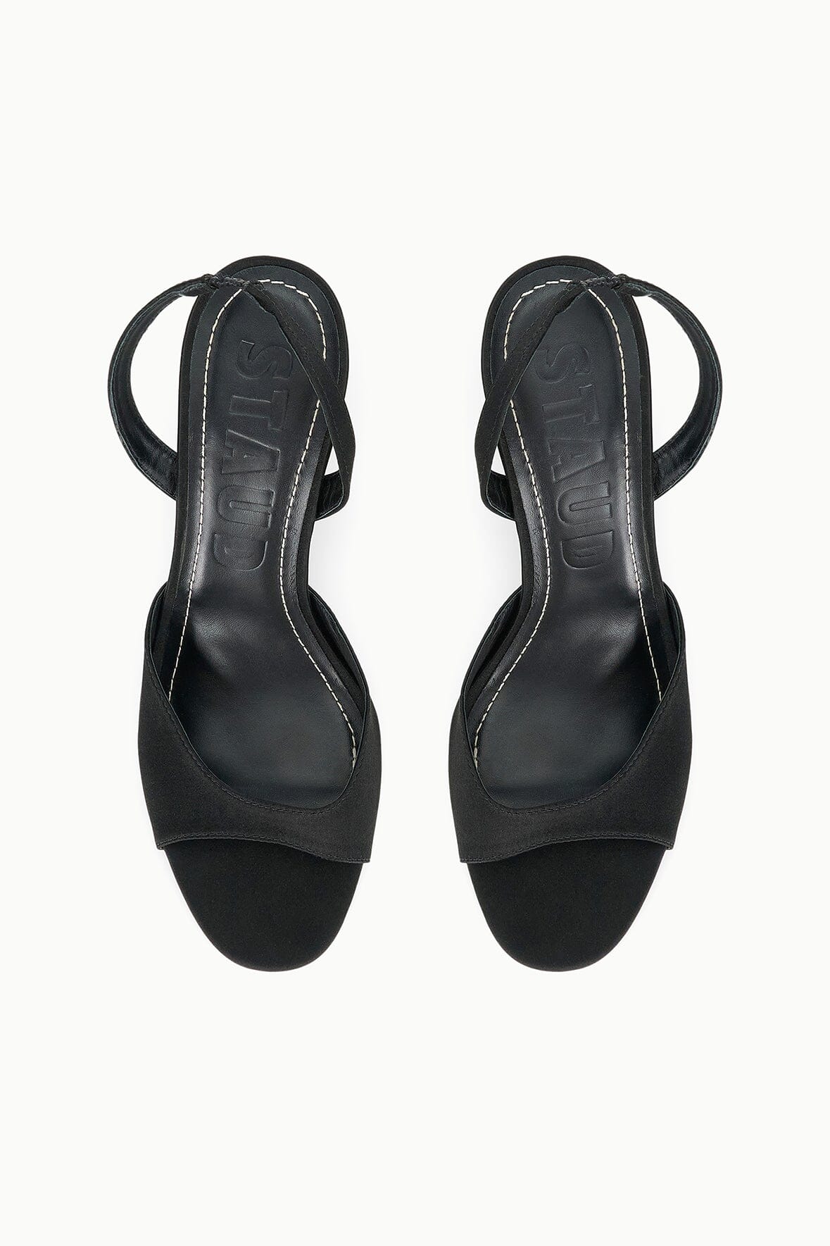 Black satin slingback heeled sandals, heel and strap back view