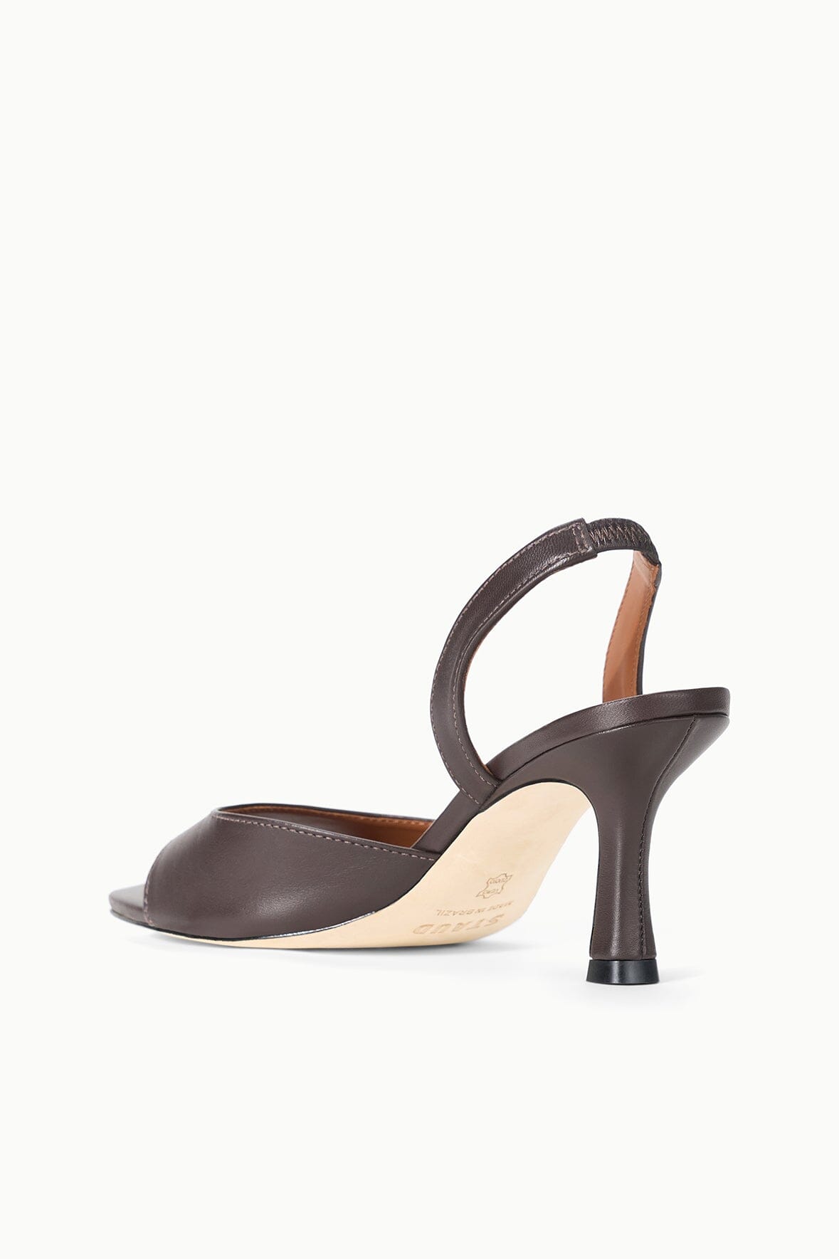 Espresso brown open-toe heeled sandals from the side with curved slingback strap