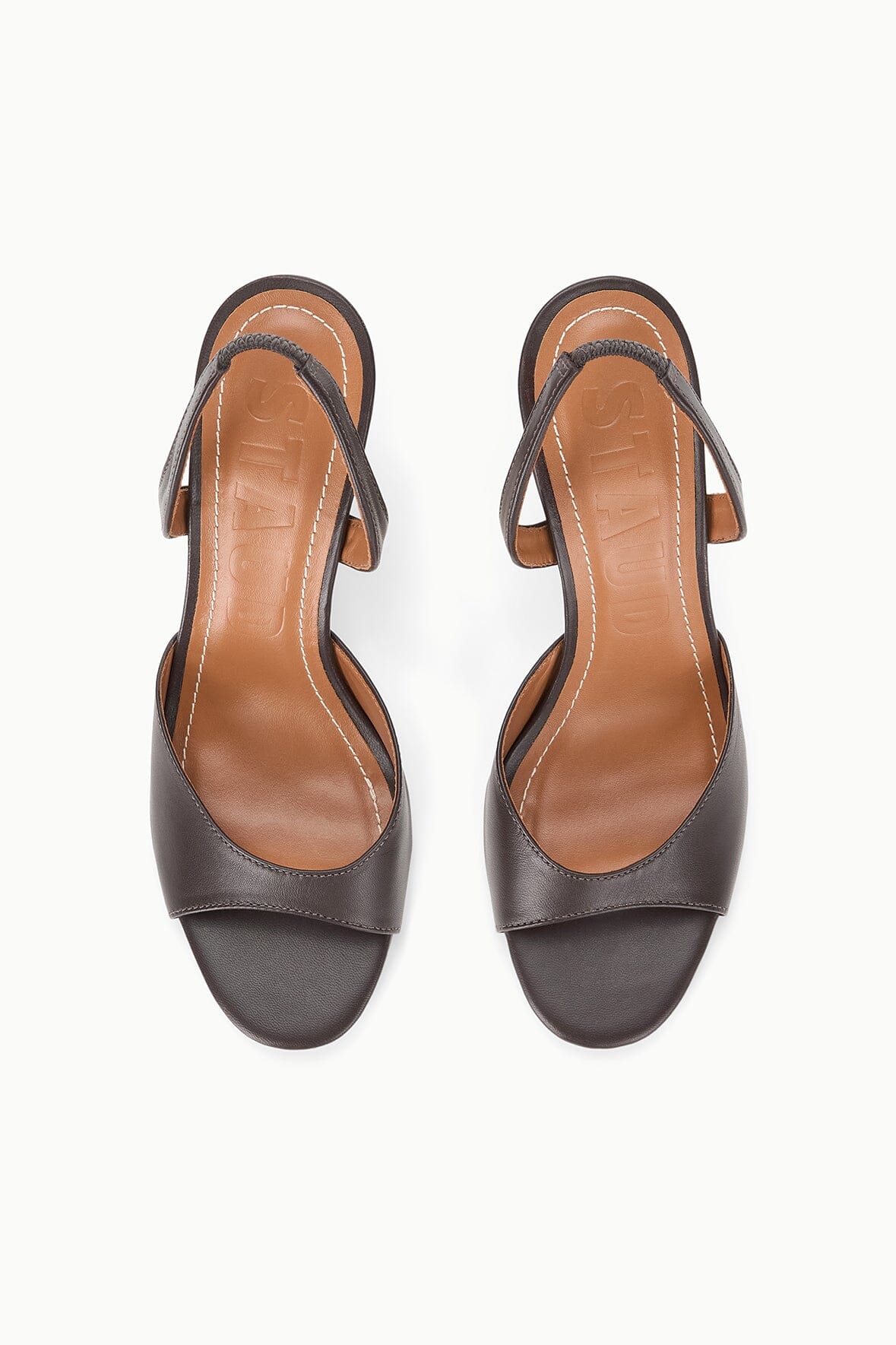 Pair of espresso brown open-toe heeled sandals with slingback straps