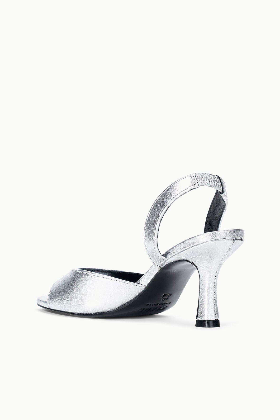Silver heeled sandal with open toe, curved strap, and slim heel