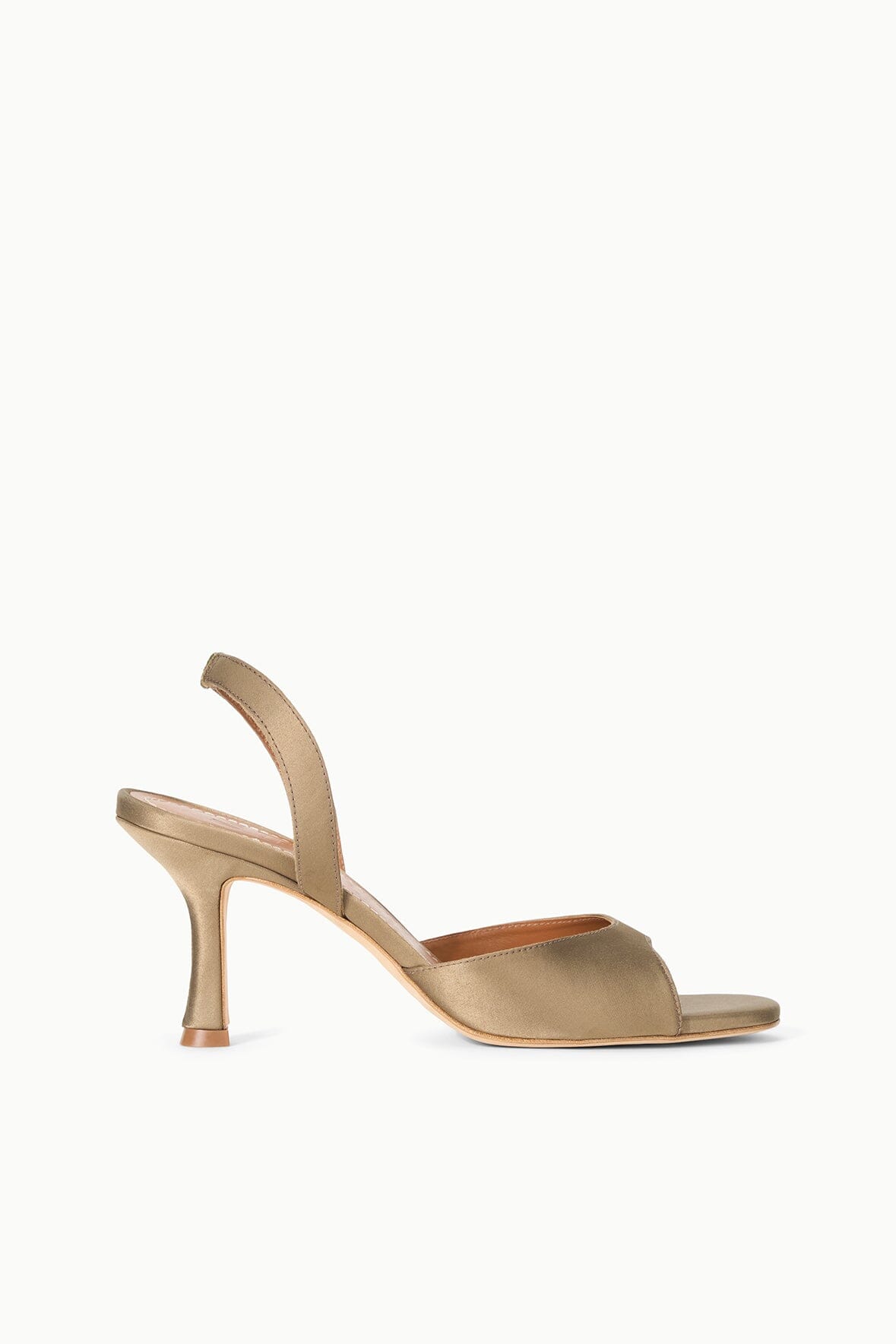 Taupe open-toe heeled sandal with slim strap and slingback back