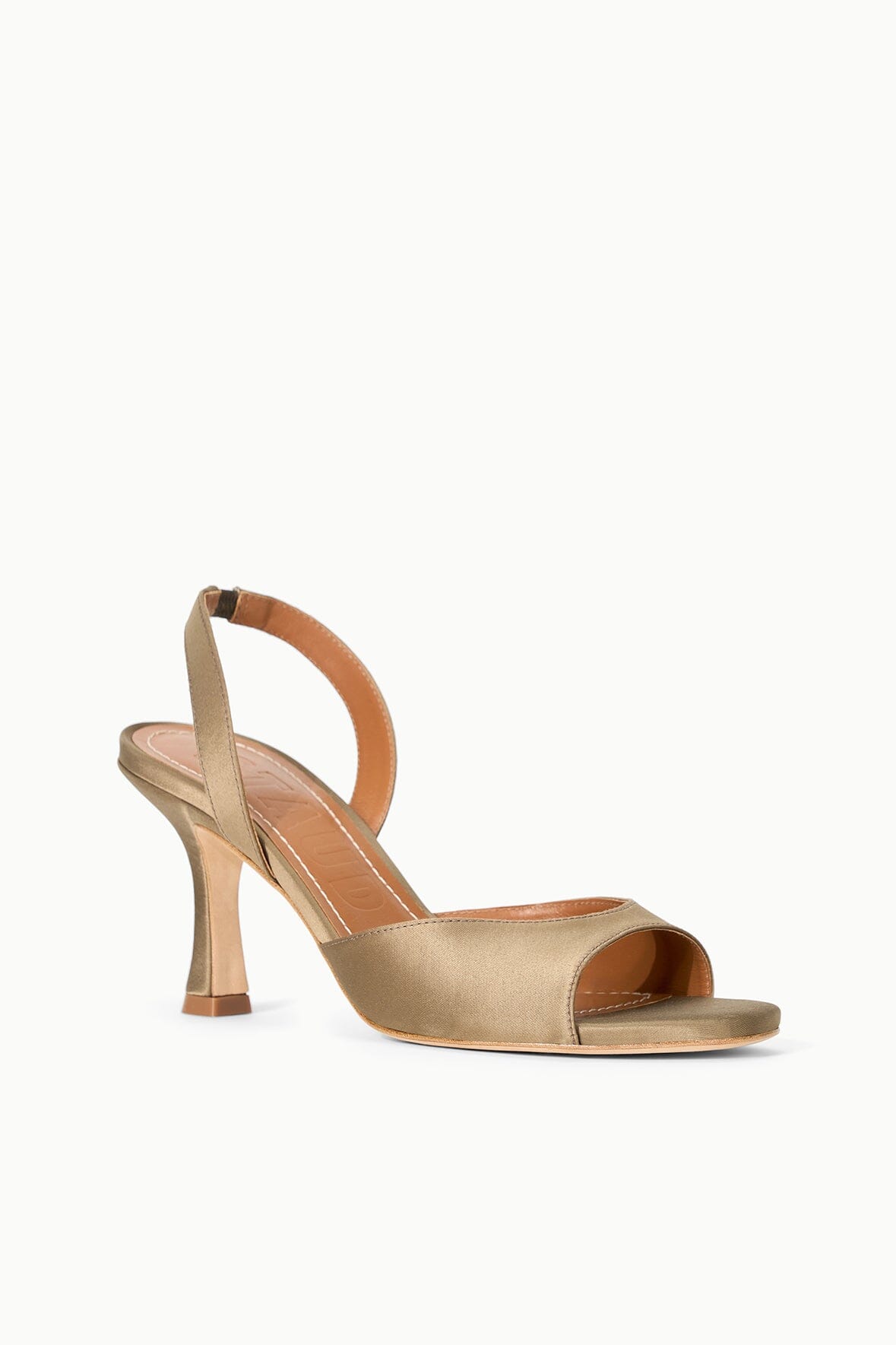 Taupe open-toe slingback sandal with mid-height stiletto heel