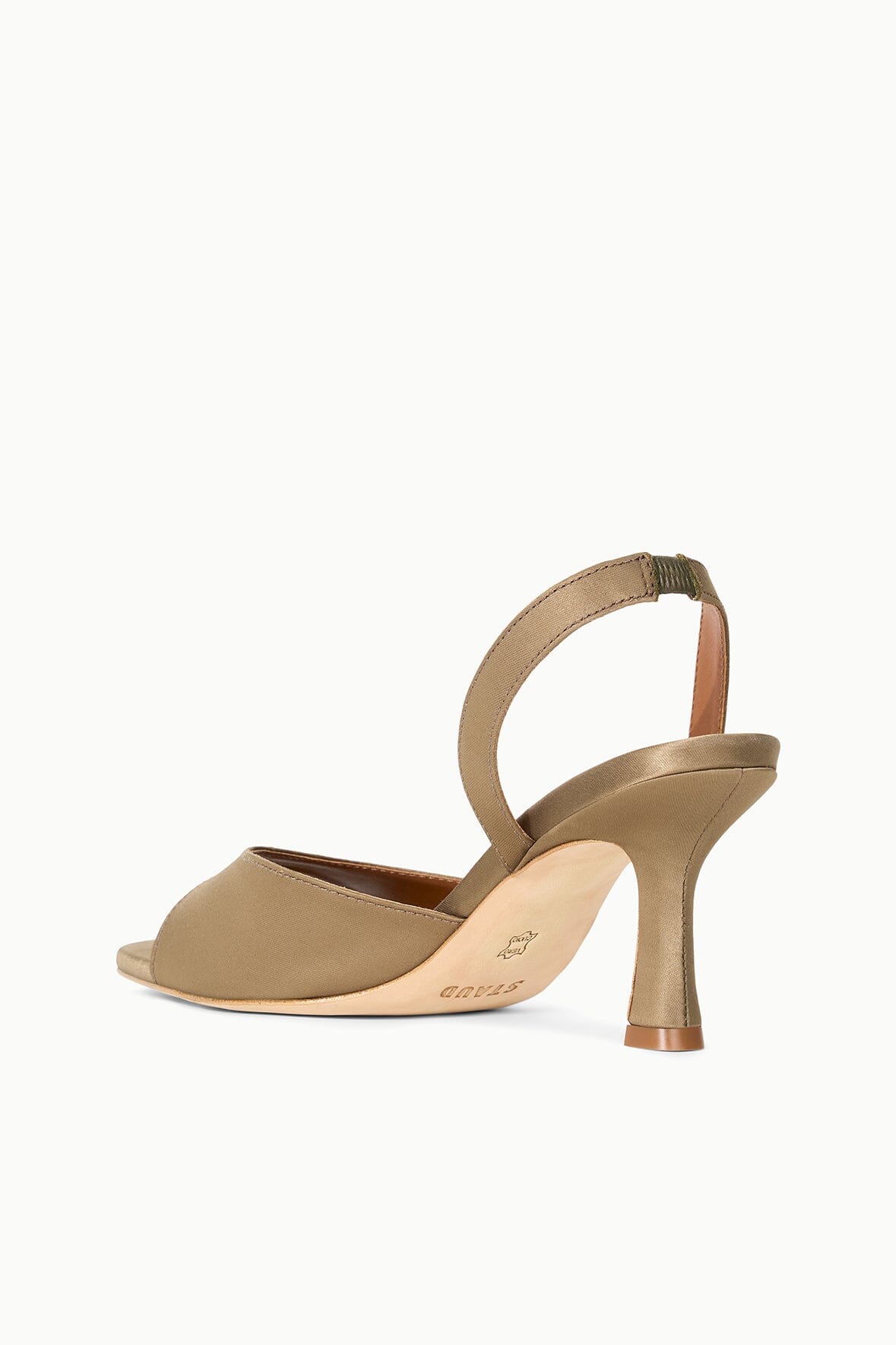 Taupe open-toe heeled sandal with slingback strap and curved strap detail