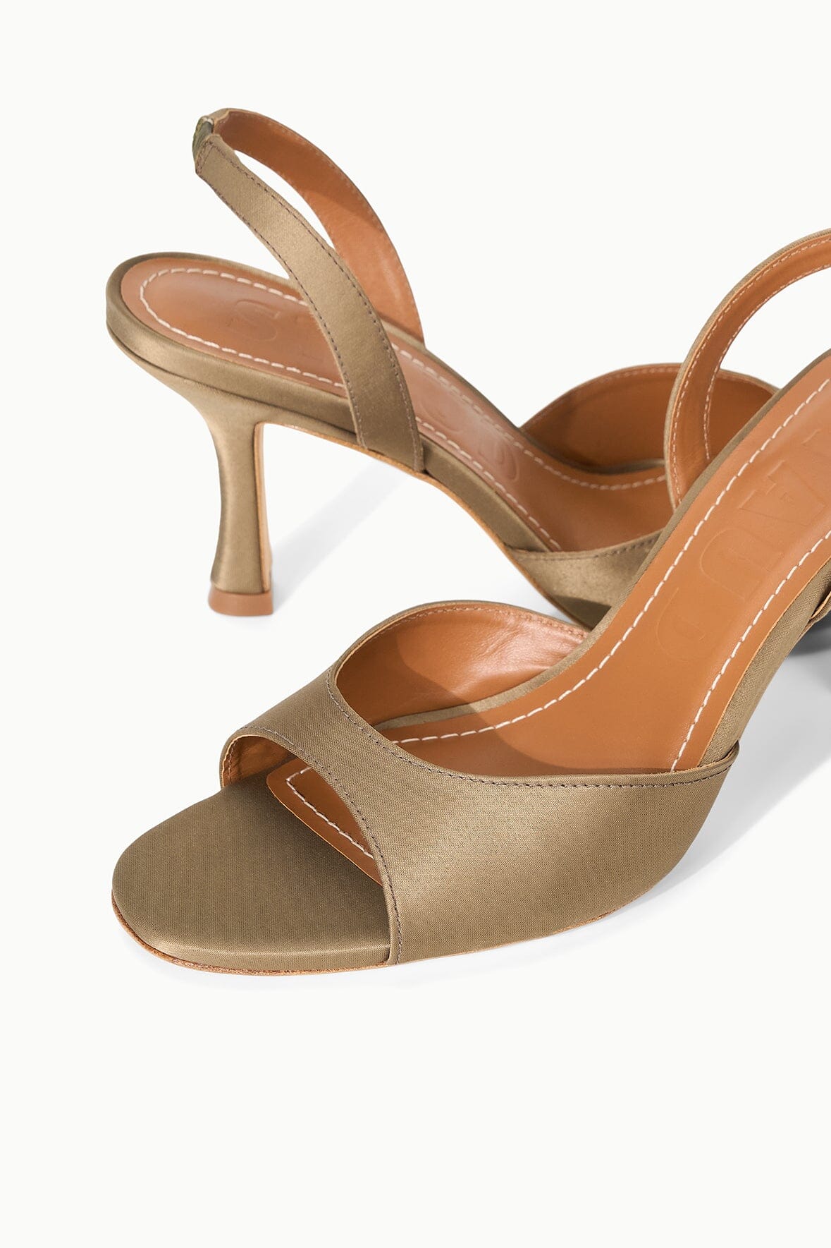 Taupe heeled open-toe sandal with wide front strap and stitched footbed