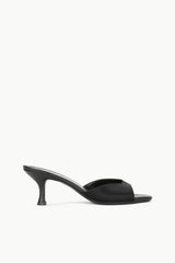 Black satin mule with open toe and sculpted block heel