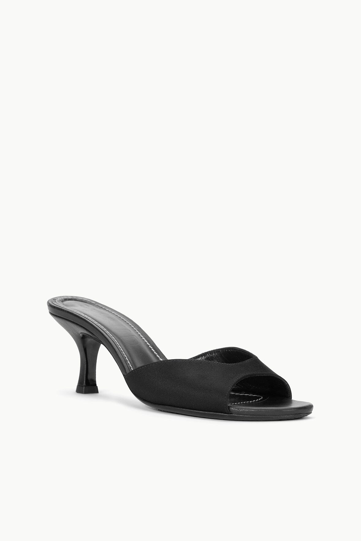 Black satin mule sandal with open toe and sculpted heel, side view