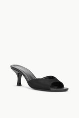 Black satin mule sandal with open toe and sculpted heel, side view