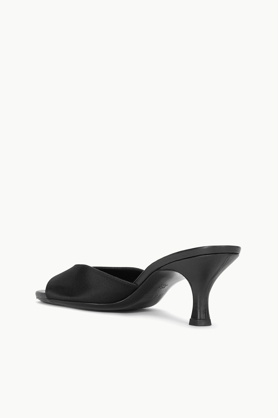 Black satin mule sandal with open toe and curved heel, rear angle