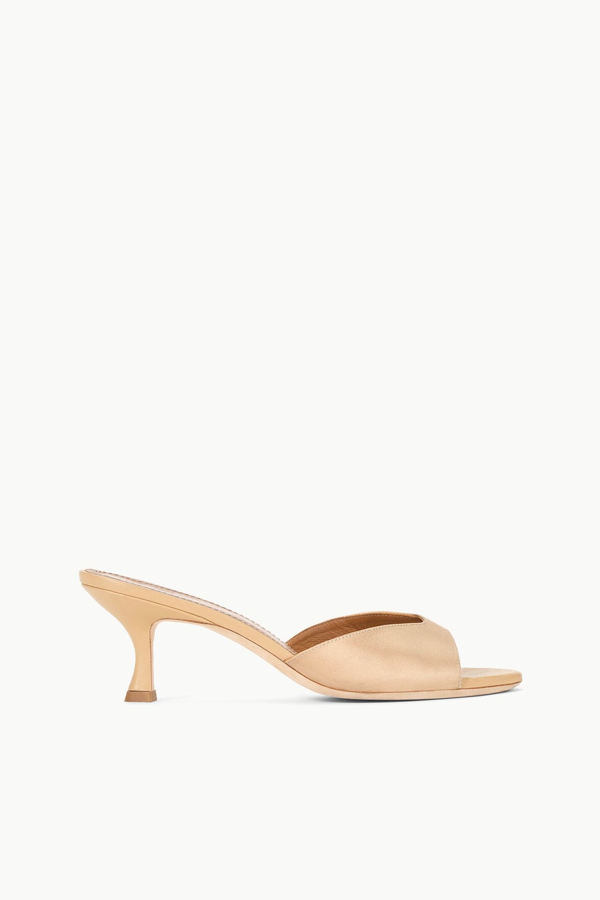 BRIGITTE camel satin open-toe mules with slender heel profile