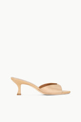 BRIGITTE camel satin open-toe mules with slender heel profile