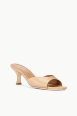 BRIGITTE camel satin open-toe mule with curved strap and slim heel