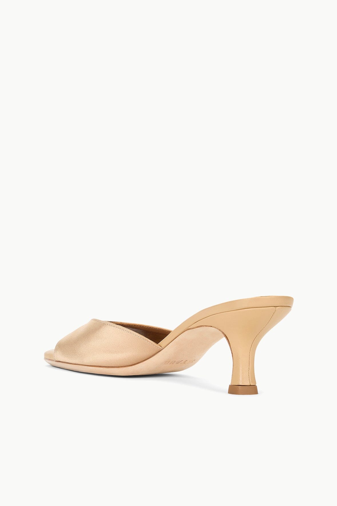 BRIGITTE camel satin mule with open toe and mid-height heel