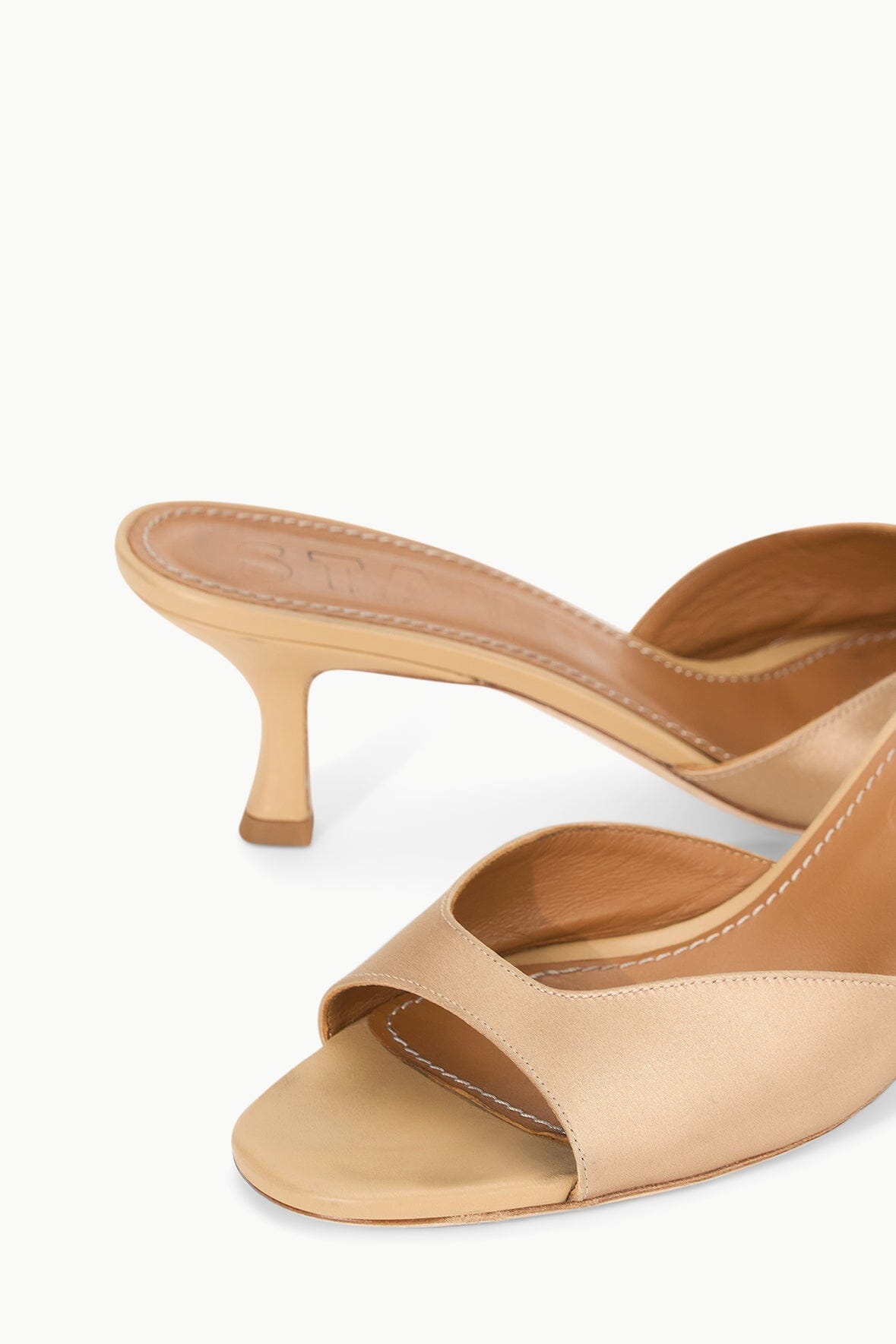 BRIGITTE camel satin mules with open toe and slim block heel