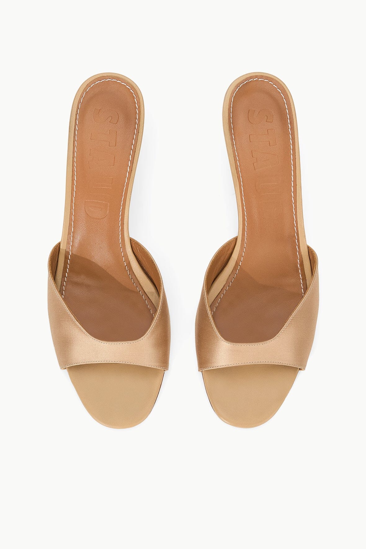 BRIGITTE camel satin slide mules, open back with smooth lining
