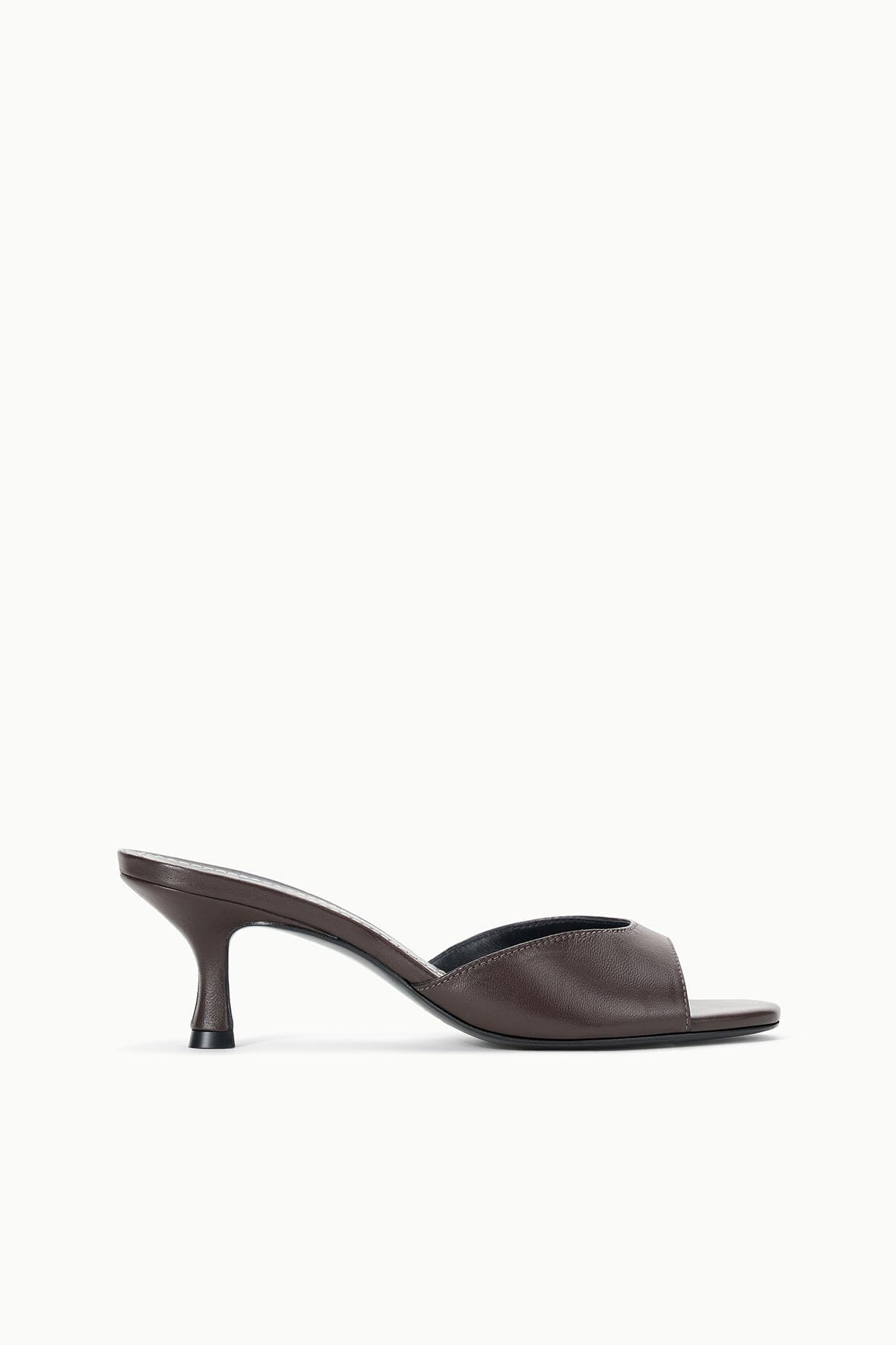 Espresso brown mule sandal with open toe and slim mid heel, side view.