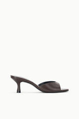 Espresso brown mule sandal with open toe and slim mid heel, side view.