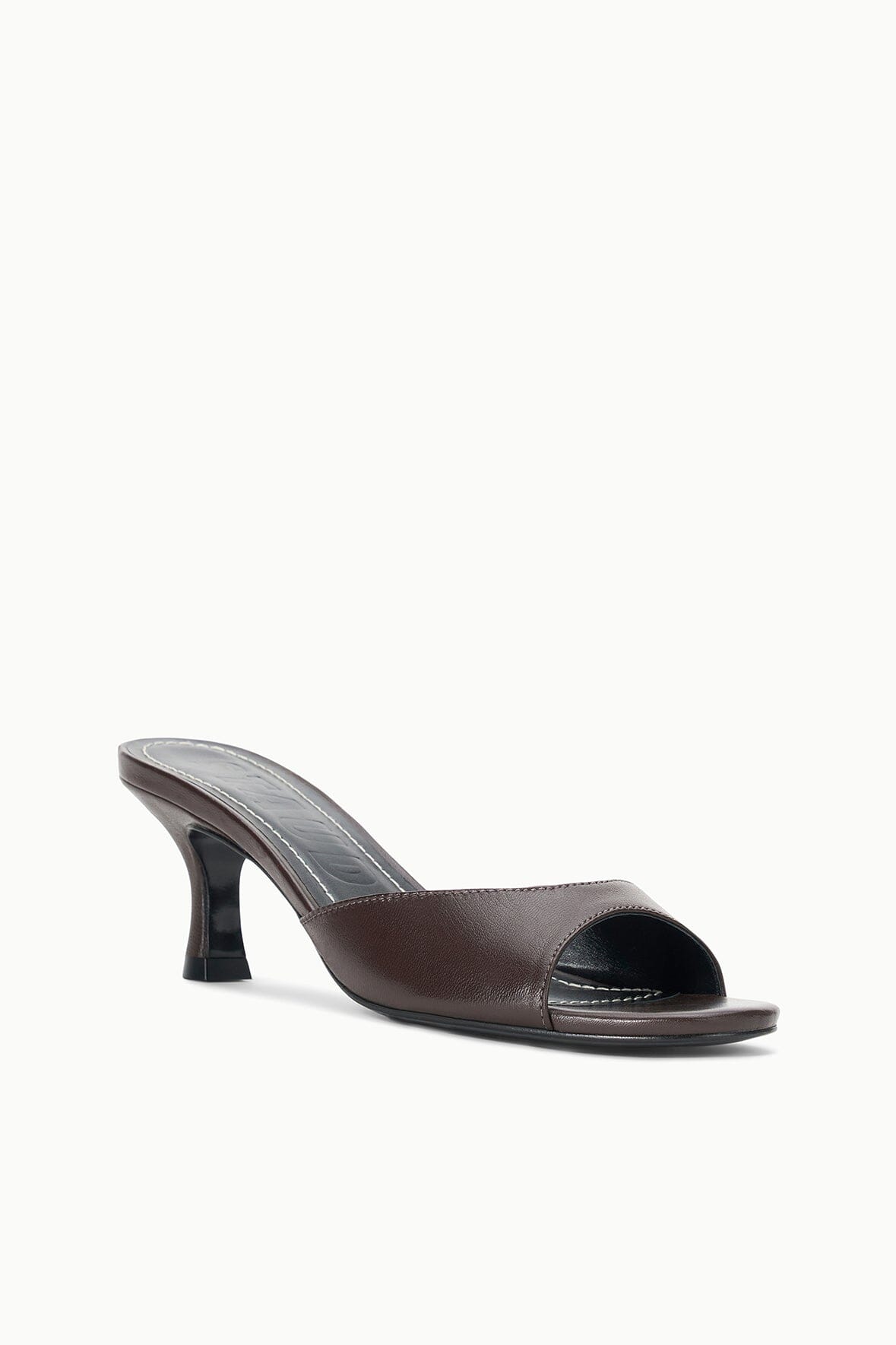 Espresso brown mule sandal with open toe and mid block heel, angled view.