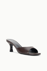 Espresso brown mule sandal with open toe and mid block heel, angled view.