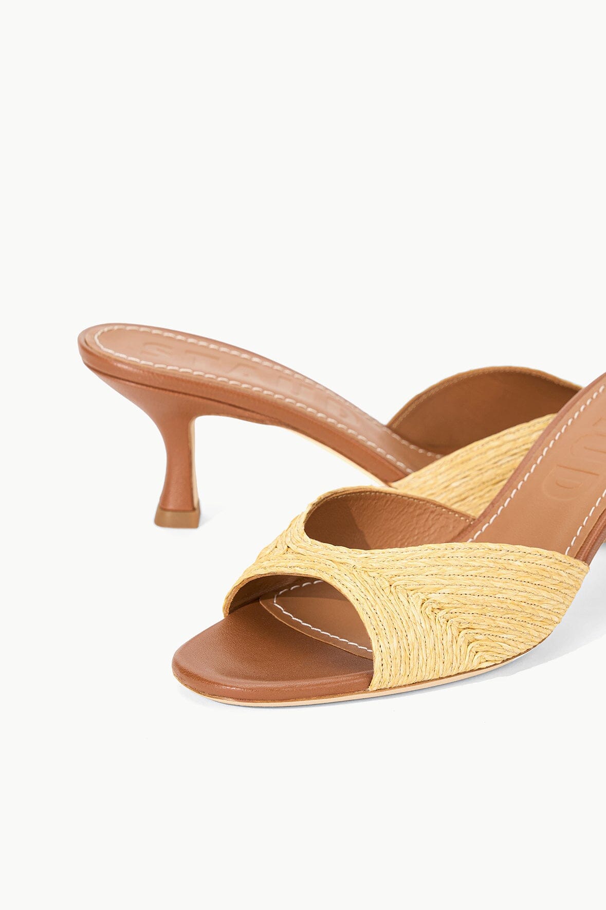 Raffia open-toe mule with light brown block heel and leather footbed