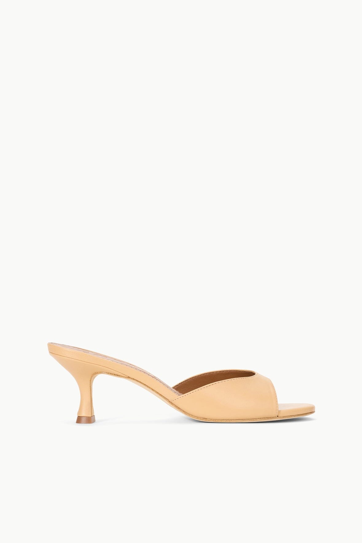 Tan leather heeled mule with open toe and low block heel, slip-on design.