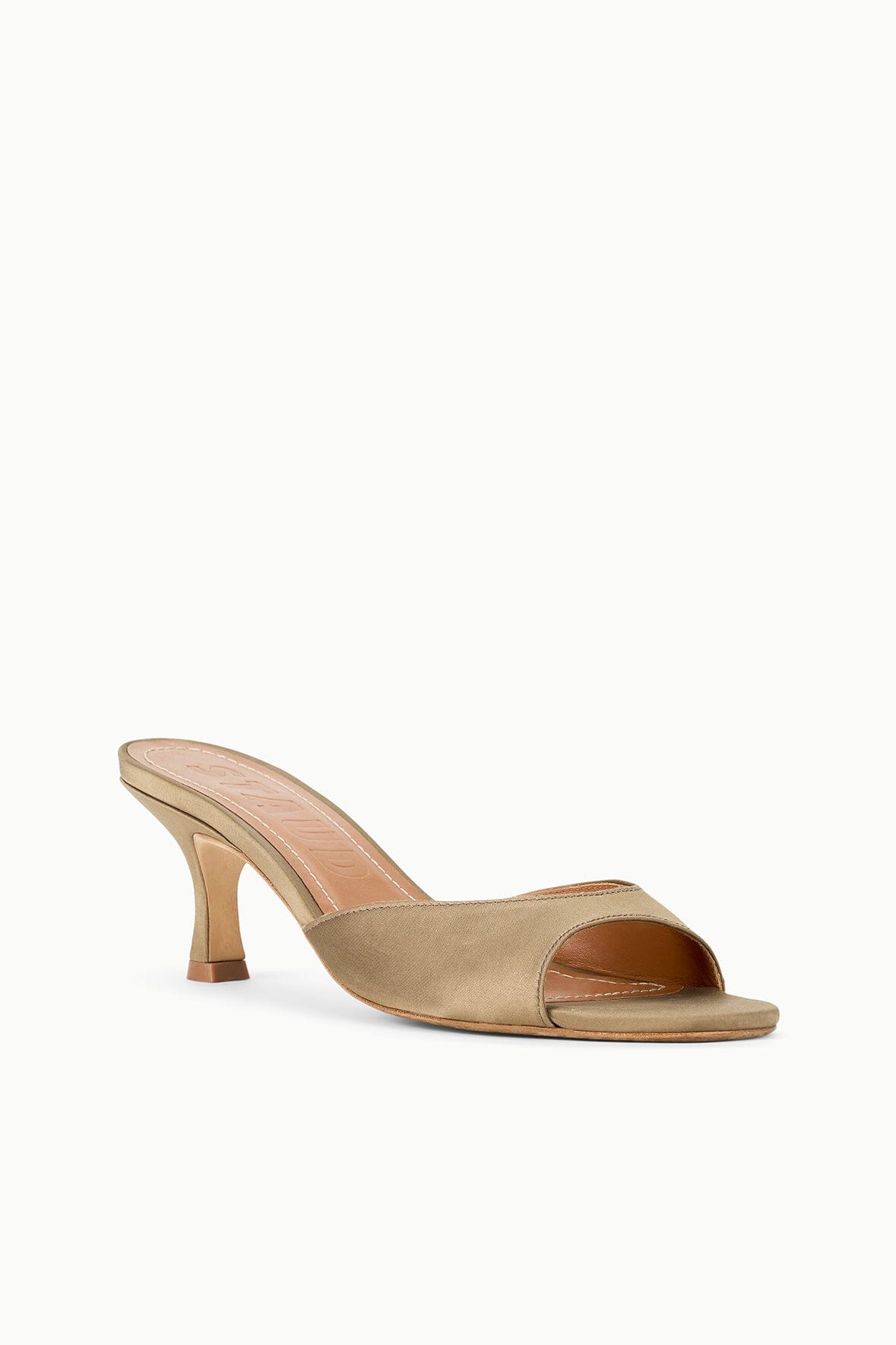 BRIGITTE satin mule, truffle brown open-toe slide with low heel and strap